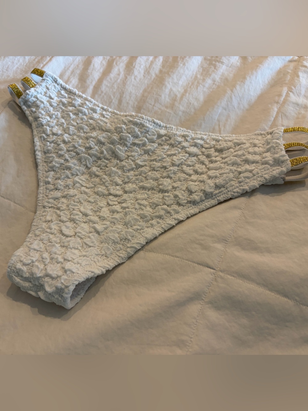 White Textured women’s Bikini Bottom with Gold Accent Straps - Picture 5 of 8